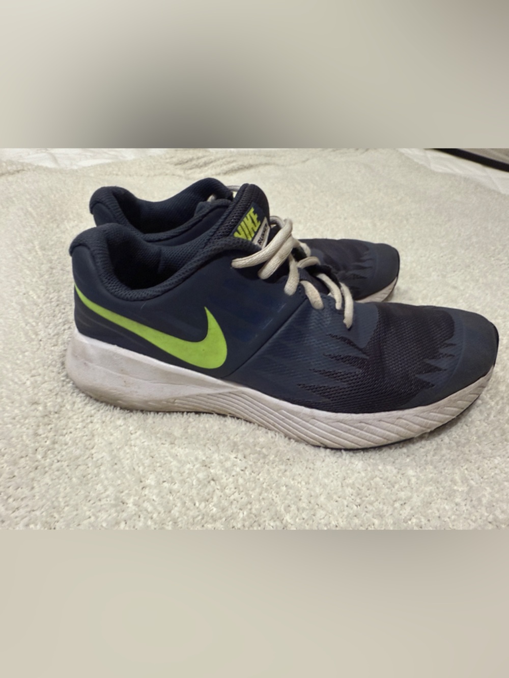 Nike Youth Navy Blue Running Shoes with Lime Swoosh